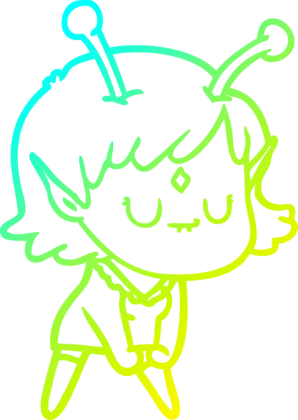 Bir insan tarafından çizilmiş kas pozu veren uzaylı bir kızın soğuk çizgi çizimi.