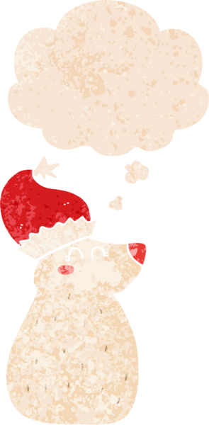 Çizgi film ayısı Noel şapkası takıyor. Düşünce baloncuğu ve grunge dertli eski moda bir insan tarafından çizilmiş.