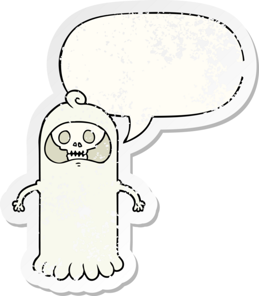 Bir insan tarafından çizilmiş, sıkıntılı, eski bir çıkartma olan, konuşma baloncuklu, tuhaf kafataslı bir karikatür.