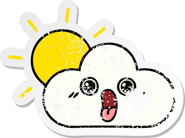 Tatlı bir çizgi film güneşinin sıkıntılı çıkartması ve bir insan tarafından çizilmiş bulut.