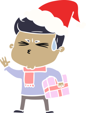 Bir insan tarafından çizilmiş Noel Baba şapkası giymiş terleyen bir adamın el çizimi düz renk çizimi.