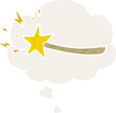 Düşünce baloncuğu olan bir çizgi film sihirli değneği insan tarafından çizilmiş.