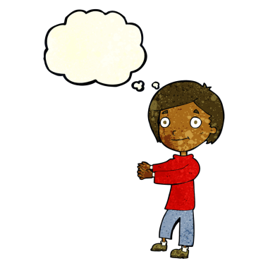 Bir insan tarafından çizilmiş düşünce balonu olan mutlu çocuk çizgi filmi.