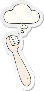 Düşünce baloncuklu karikatür diş fırçası bir insan tarafından çizilmiş yıpranmış bir çıkartma.