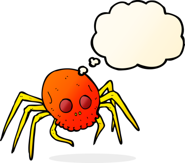 Bir insan tarafından çizilmiş düşünce baloncuğu olan ürkütücü cadılar bayramı kafatası örümceği çizgi filmi.