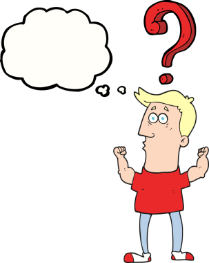 Bir insan tarafından çizilmiş soru ile serbest çizim düşünce balonu karikatür adam