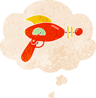 Düşünce baloncuklu karikatür ışın tabancası bir insan tarafından çizilmiş dertli retro desen tarzı