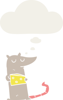 Düşünce baloncuklu peynirli çizgi film faresi insan tarafından çizilmiş.