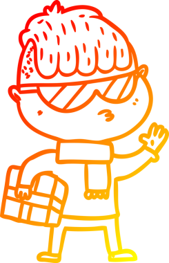 Sıcak bir çizgi film karakteri çizimi. Güneş gözlüğü takan bir çocuk. Bir insan tarafından çizilmiş xmas hediyesi taşıyor.