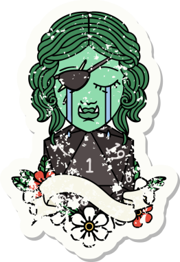 Ağlayan bir Ork 'un suratının grunge sticker' ı. Bir insan tarafından çizilmiş doğal bir d20 zar.