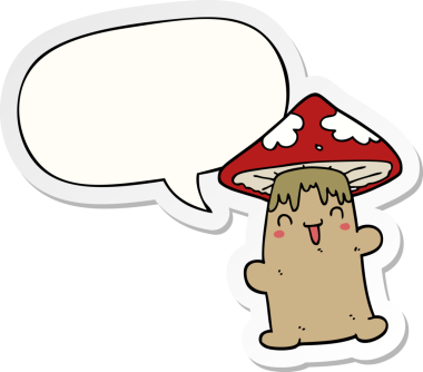Bir insan tarafından çizilmiş konuşma balonu çıkartmalı mantar karakteri.