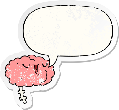 Konuşma baloncuğu olan mutlu çizgi film beyni bir insan tarafından çizilmiş sıkıntılı eski bir çıkartma