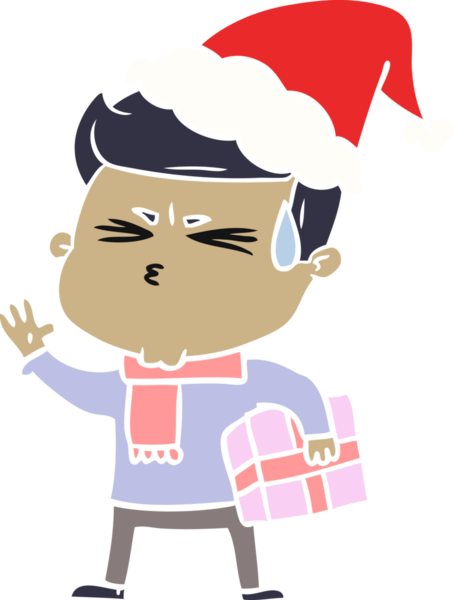 Bir insan tarafından çizilmiş Noel Baba şapkası giymiş terleyen bir adamın el çizimi düz renk çizimi.