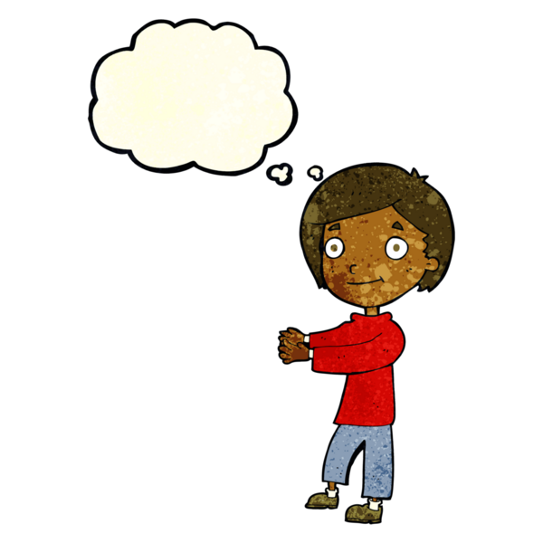 Bir insan tarafından çizilmiş düşünce balonu olan mutlu çocuk çizgi filmi.