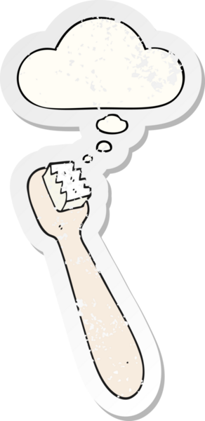 Düşünce baloncuklu karikatür diş fırçası bir insan tarafından çizilmiş yıpranmış bir çıkartma.