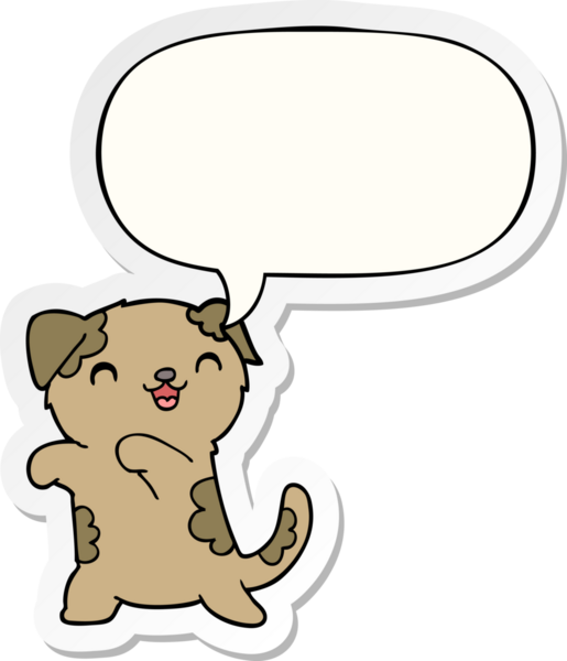 Bir insan tarafından çizilmiş baloncuk çıkartmalı şirin bir çizgi film köpeği.