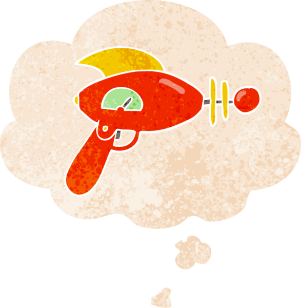 Düşünce baloncuklu karikatür ışın tabancası bir insan tarafından çizilmiş dertli retro desen tarzı