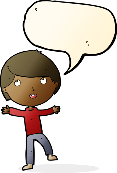 Bir insan tarafından çizilmiş konuşma balonu olan mutlu bir çocuk.