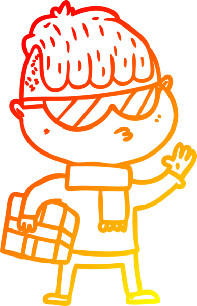 Sıcak bir çizgi film karakteri çizimi. Güneş gözlüğü takan bir çocuk. Bir insan tarafından çizilmiş xmas hediyesi taşıyor.