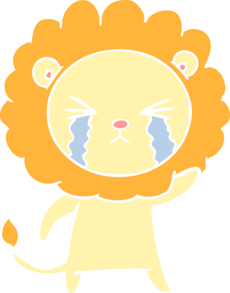 Bir insan tarafından çizilmiş düz renkli karikatür ağlayan aslan