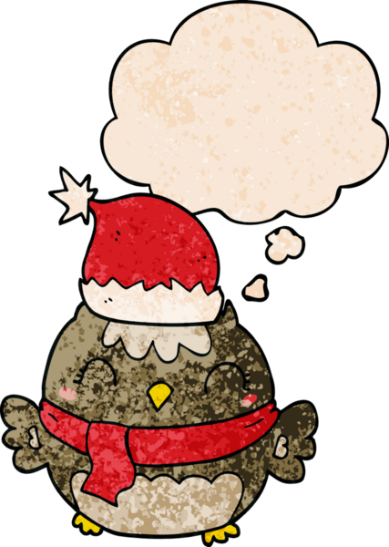 Bir insan tarafından çizilmiş grunge desenli düşünce baloncuğu olan şirin noel baykuşu.