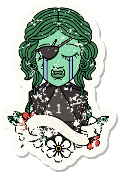 Ağlayan bir Ork 'un suratının grunge sticker' ı. Bir insan tarafından çizilmiş doğal bir d20 zar.