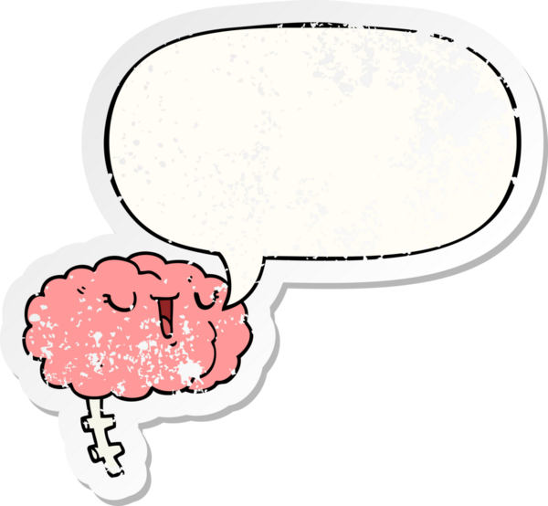 Konuşma baloncuğu olan mutlu çizgi film beyni bir insan tarafından çizilmiş sıkıntılı eski bir çıkartma