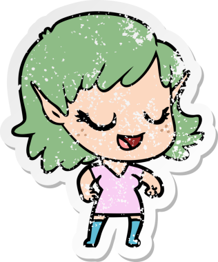 Bir insan tarafından çizilmiş mutlu bir elf kızının sıkıntılı çıkartması.