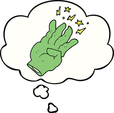 Bir insan tarafından çizilmiş düşünce baloncuğu olan ürkütücü sihirli bir el.