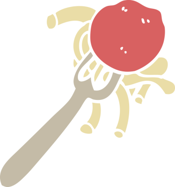 Bir insan tarafından çizilmiş düz renk çizim spagetti ve çatal üzerinde köfte.