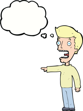 Bir insan tarafından çizilmiş düşünce baloncuğuyla dehşete düşmüş bir adam.