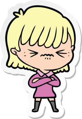 Bir insan tarafından çizilmiş kızgın bir çizgi film kızına ait etiket.