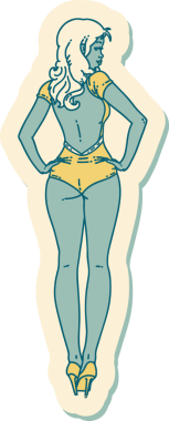 Geleneksel stil dövme çıkartması. Bir insan tarafından çizilmiş mayo kız resmi.