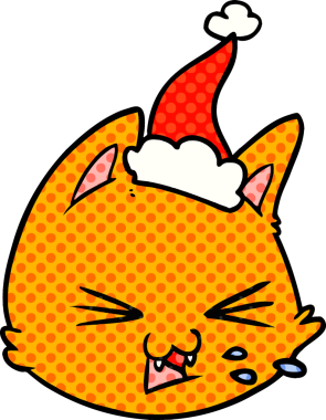 Bir insan tarafından çizilmiş Noel Baba şapkası takan kedi yüzlü çizgi roman çizimi.