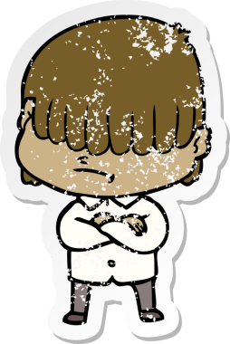 Bir insan tarafından çizilmiş dağınık saçlı bir çizgi film çocuğunun sıkıntılı çıkartması.