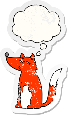 Düşünce baloncuğu olan karikatür kurdu, bir insan tarafından çizilmiş yıpranmış bir çıkartma.