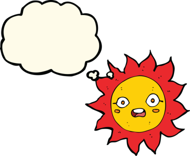 Bir insan tarafından çizilmiş düşünce baloncuklu çizgi film güneşi.