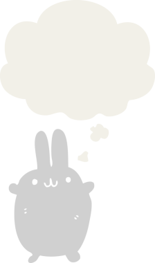 Düşünce baloncuklu çizgi film tavşanı insan tarafından çizilmiş.