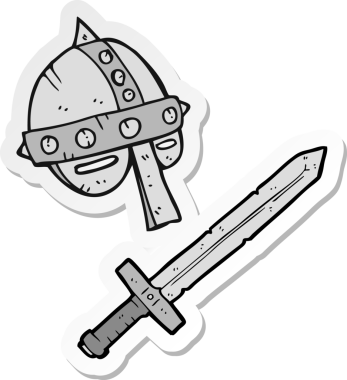 Bir insan tarafından çizilmiş bir ortaçağ miğferi çıkartması.