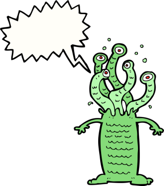 Bir insan tarafından çizilmiş konuşma balonlu çizgi film canavarı.