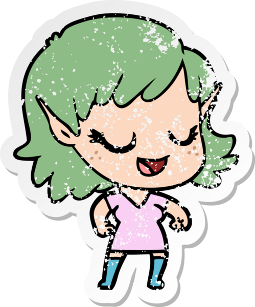 Bir insan tarafından çizilmiş mutlu bir elf kızının sıkıntılı çıkartması.