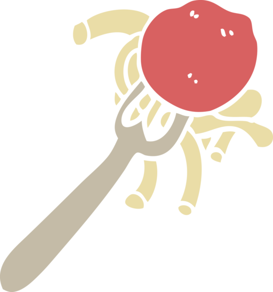 Bir insan tarafından çizilmiş düz renk çizim spagetti ve çatal üzerinde köfte.