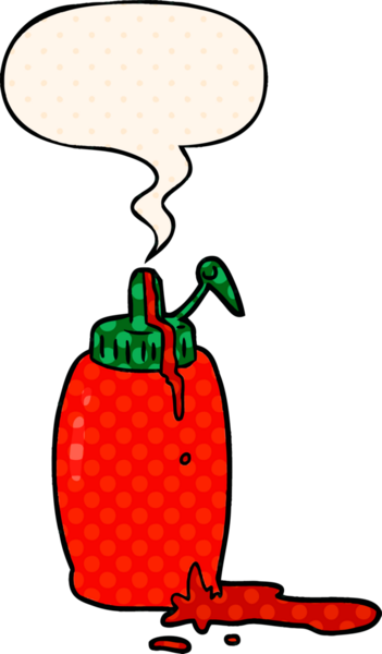 Çizgi roman tarzında bir insan tarafından çizilmiş konuşma baloncuklu domates şişesi.