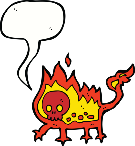 Bir insan tarafından çizilmiş konuşma balonu olan küçük ateş şeytanı çizgi filmi.
