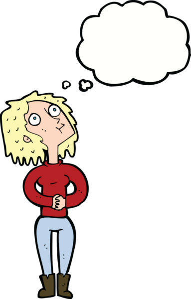 Bir insan tarafından çizilmiş düşünce baloncuğuyla yukarı bakan çizgi film kadını.