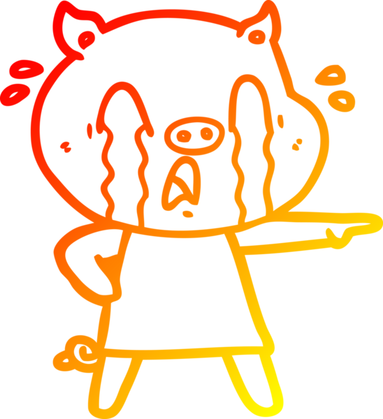 Bir insan tarafından çizilmiş insan kıyafetleri içinde ağlayan bir domuz çizgi filmi.