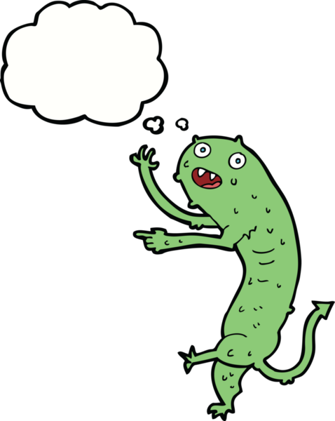 Düşünce baloncuğu insan tarafından çizilmiş küçük iğrenç bir canavar.