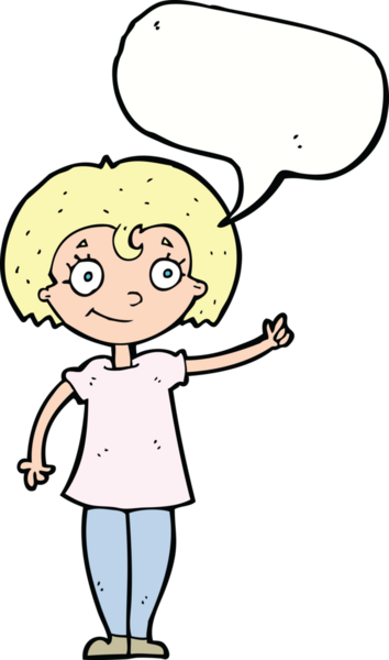 Bir insan tarafından çizilmiş konuşma balonuyla işaret eden mutlu kadın çizgi filmi.