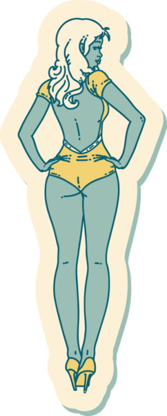 Geleneksel stil dövme çıkartması. Bir insan tarafından çizilmiş mayo kız resmi.