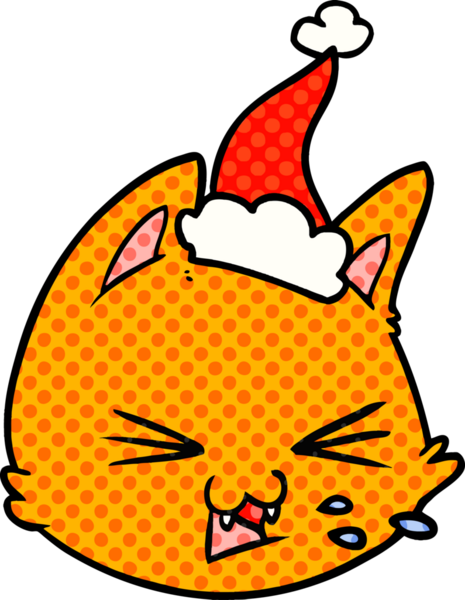 Bir insan tarafından çizilmiş Noel Baba şapkası takan kedi yüzlü çizgi roman çizimi.